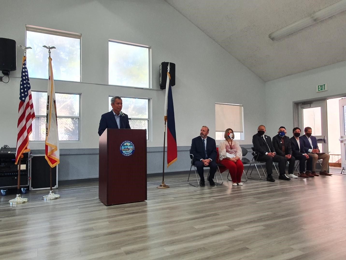 Philippine Consul General in San Francisco Neil Frank R. Ferrer delivers his remarks during the rededication ceremony of the Alice Peña Bulos Community Center in South San Francisco, California on 23 October 2021.(Photo: San Francisco PCG)