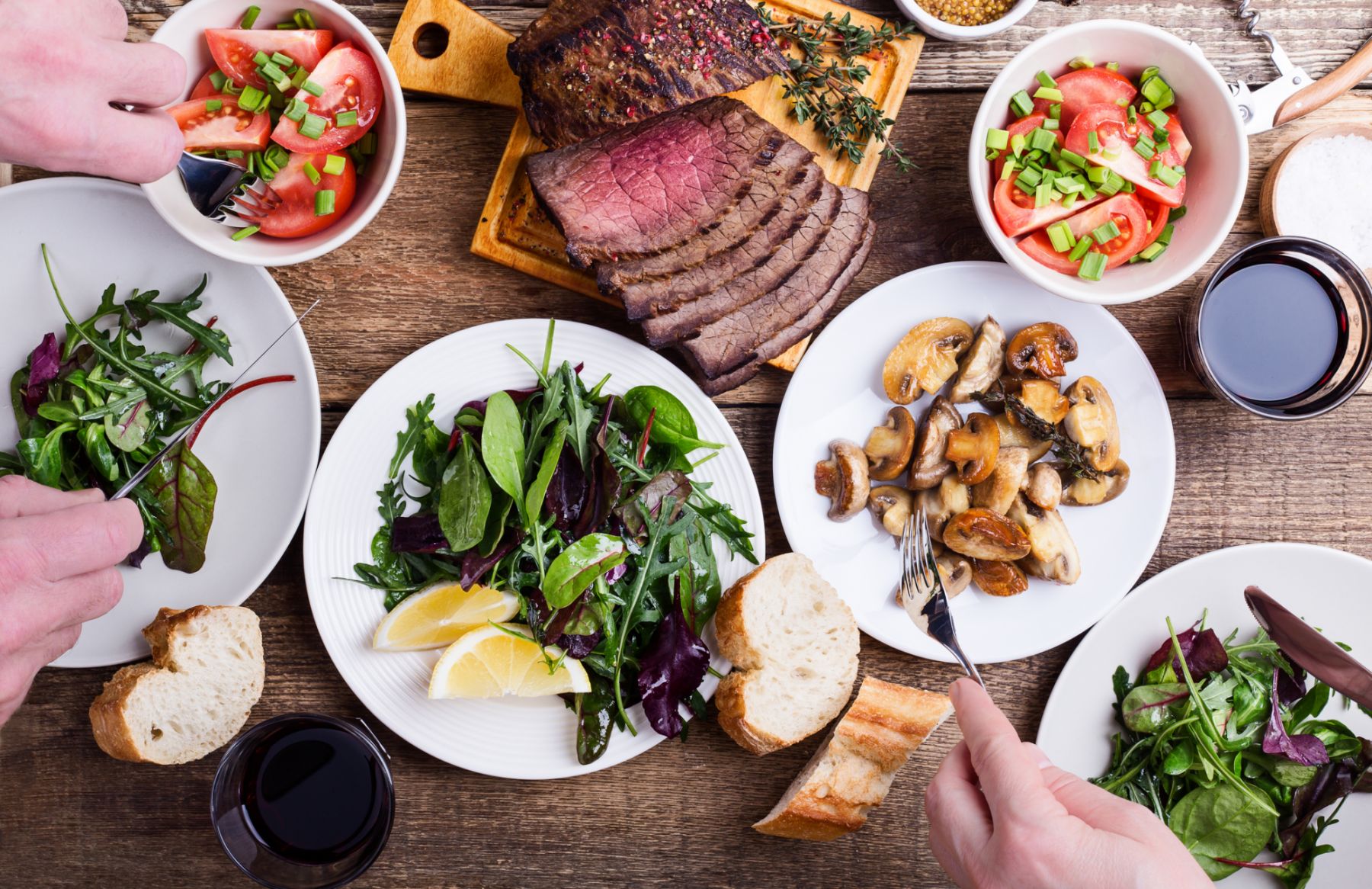 Eating tasty food. Favorite meal. Dinner table with delicious healthy organic homemade dishes, top view