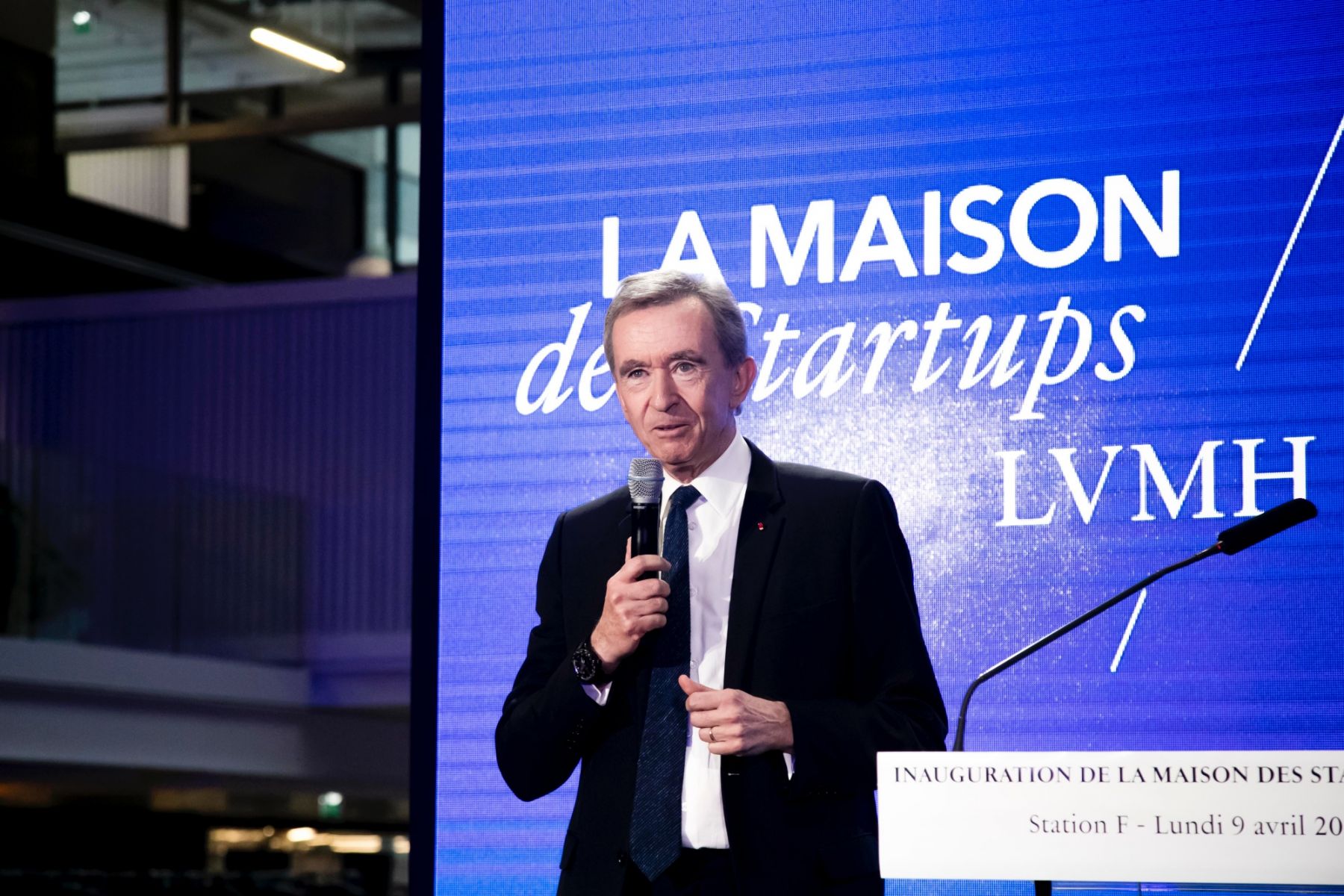PARIS, FRANCE - APRIL 09: Bernard Arnault, CEO of the LVMH group, attends the inauguration of the startup house at station F on April 9, 2018 in Paris, France. The luxury group LVMH will accompany around fifty start-ups per year at the startup house. (Photo by Vincent Isore/IP3/Getty Images)