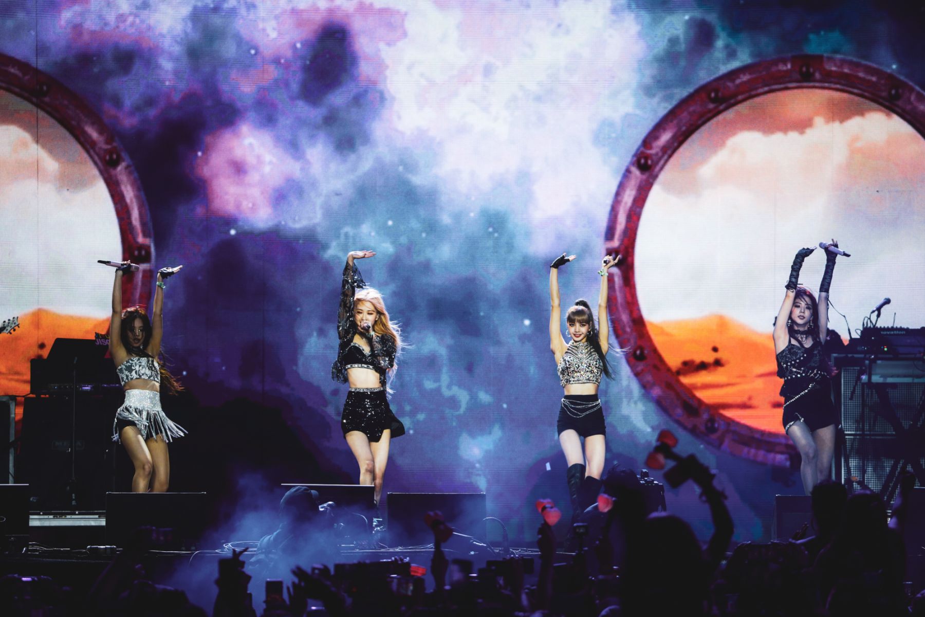 INDIO, CALIFORNIA - APRIL 19: (EDITORS NOTE: Image has been processed using digital filters.) Blackpink perform at Sahara Tent during the 2019 Coachella Valley Music And Arts Festival on April 19, 2019 in Indio, California. (Photo by Rich Fury/Getty Images for Coachella)