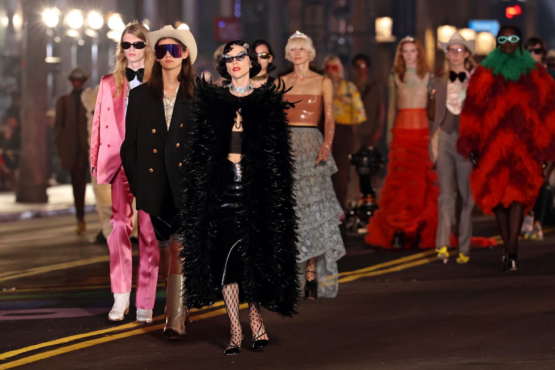 HOLLYWOOD, CALIFORNIA - NOVEMBER 02: Models walk the runway for Gucci Love Parade on November 02, 2021 in Hollywood, California. (Photo by Amy Sussman/Getty Images)