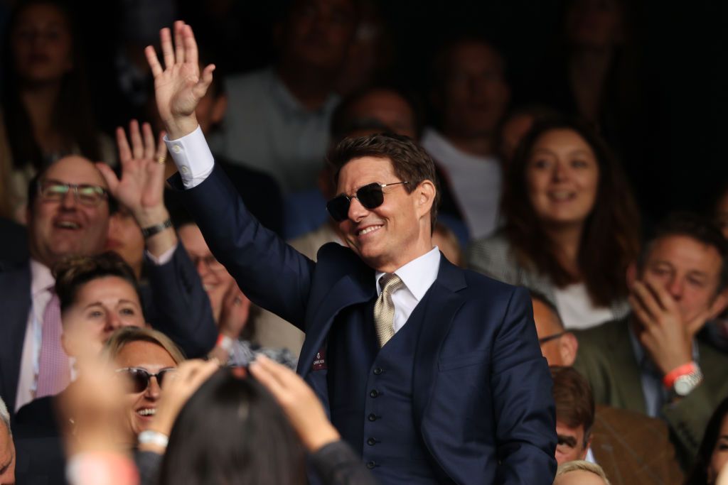 LONDON, ENGLAND - JULY 10:  Tom Cruise watches the Ladies' Singles Final match between Ashleigh Barty of Australia and Karolina Pliskova of The Czech Republic  on Day Twelve of The Championships - Wimbledon 2021 at All England Lawn Tennis and Croquet Club on July 10, 2021 in London, England. (Photo by Clive Brunskill/Getty Images)