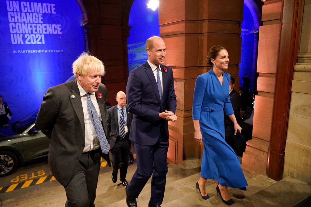 GLASGOW, SCOTLAND - NOVEMBER 01: British Prime Minister Boris Johnson, left, greets Britain's Prince William, Duke of Cambridge and Catherine, Duchess of Cambridge as they arrive to attend an evening reception to mark the opening day of the COP26 summit at the Scottish Event Campus (SEC) on November 1, 2021 in Glasgow, United Kingdom. 2021 sees the 26th United Nations Climate Change Conference. The conference will run from 31 October for two weeks, finishing on 12 November. It was meant to take place in 202