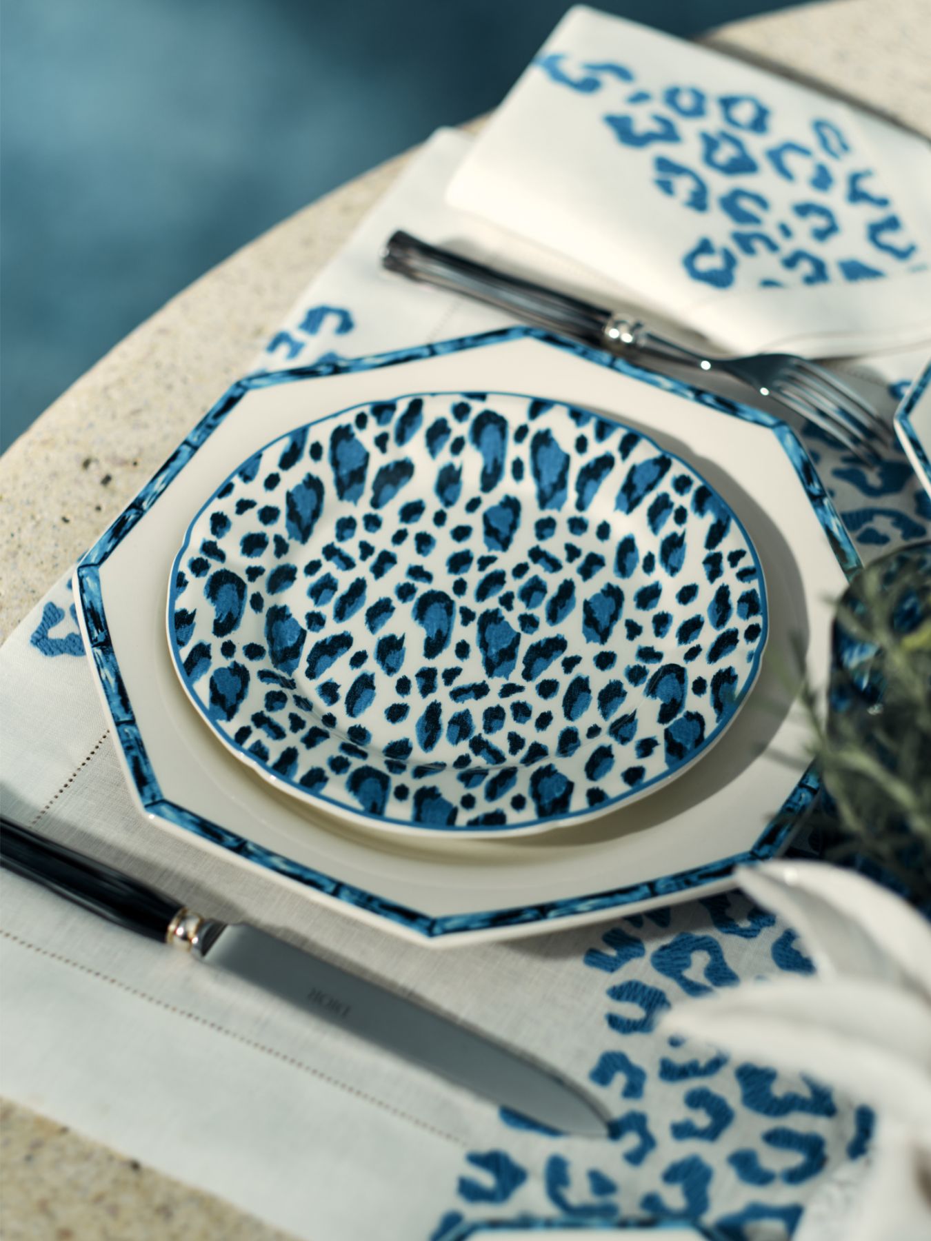 Dior Maison Blue Mizza tableware, from Dior