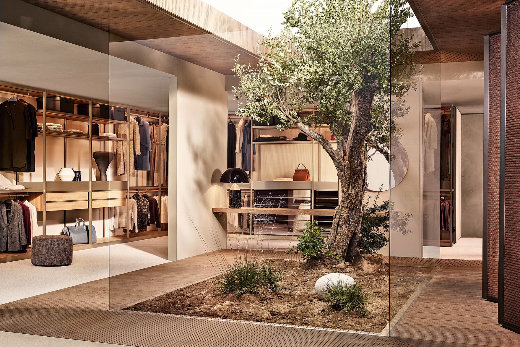 Available at Space Furniture, the Poliform Senzafine walk-in closet is one of the open-shelving options popular among homeowners right now