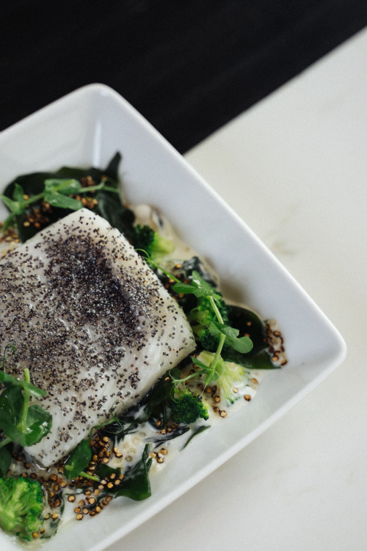Poached Halibut with Barley Chowder, Clams and Wakame