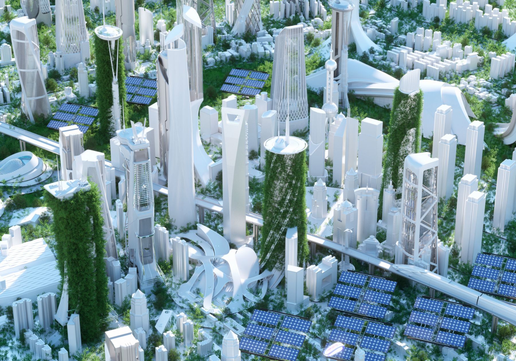 Digital generated image of futuristic cityscape with vertical gardens on skyscrapers and solar panels.