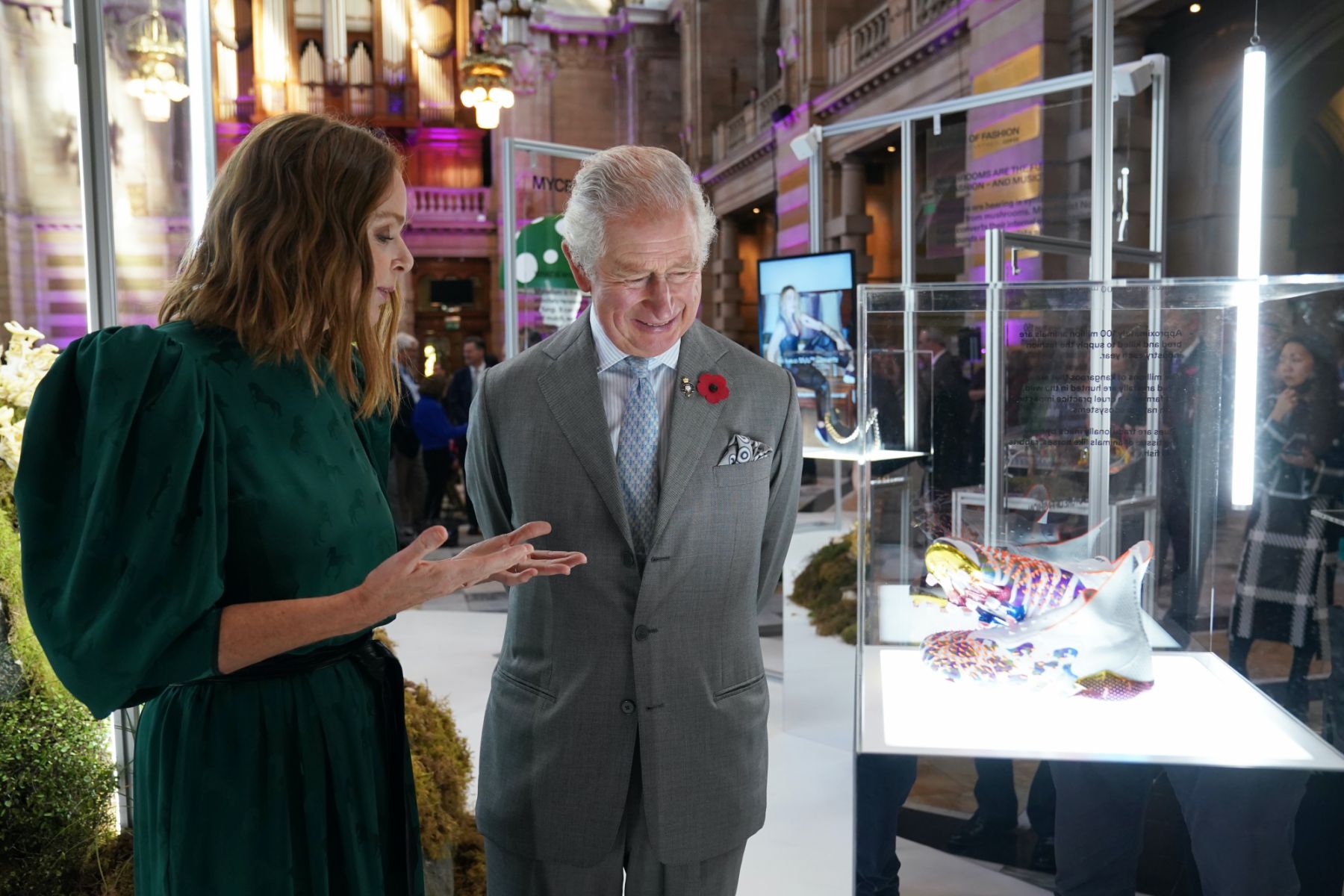 The Prince of Wales speaks with Stella McCartney as he views a fashion installation by the designer, at the Kelvingrove Art Gallery and Museum, during the Cop26 summit being held at the Scottish Event Campus (SEC) in Glasgow. Picture date: Wednesday November 3, 2021. PA Photo. See PA story ENVIRONMENT Cop26. Photo credit should read: Owen Humphreys/PA Wire