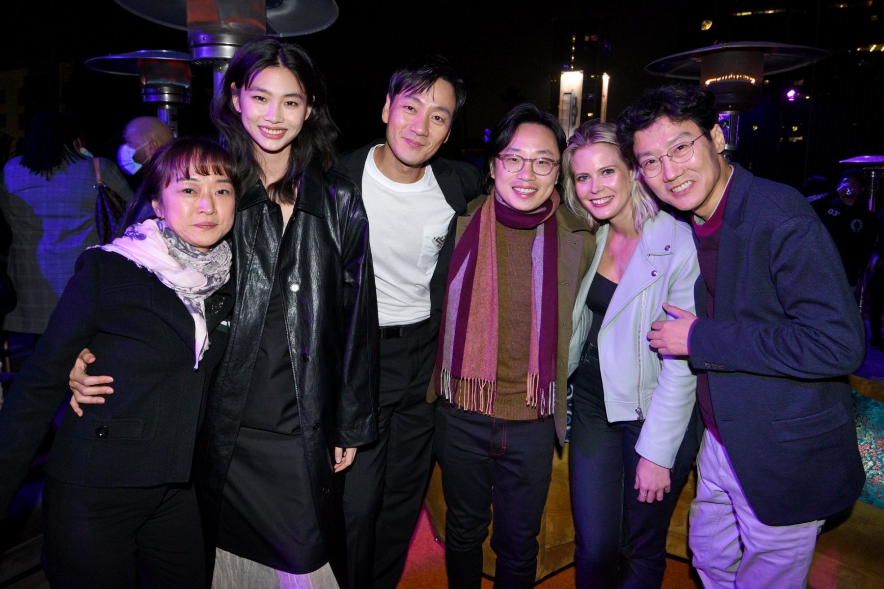 HOLLYWOOD, CALIFORNIA - NOVEMBER 08: (L-R) Kim Ji-yeon, HoYeon Jung, Park Hae Soo, Jimmy O. Yang, guest, and Hwang Dong-hyuk attend the "Squid Game" Guild Screening at NeueHouse Los Angeles on November 08, 2021 in Hollywood, California. (Photo by Vivien Killilea/Getty Images for Netflix)