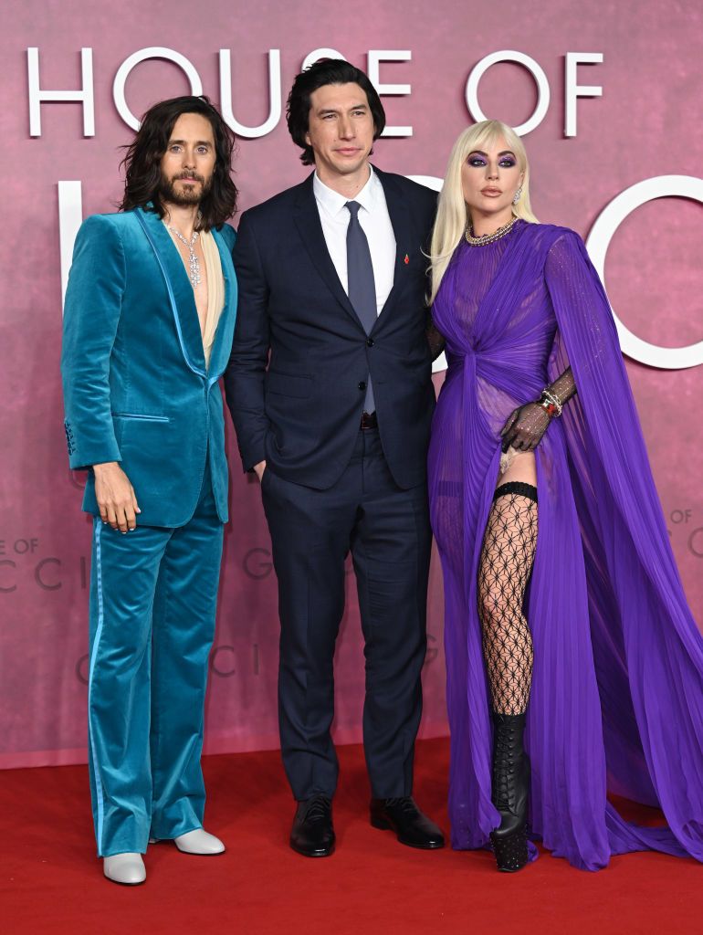 LONDON, ENGLAND - NOVEMBER 09: (L-R) Jared Leto, Adam Driver and Lady Gaga attends the UK Premiere Of "House of Gucci" at Odeon Luxe Leicester Square on November 09, 2021 in London, England. (Photo by Karwai Tang/WireImage)