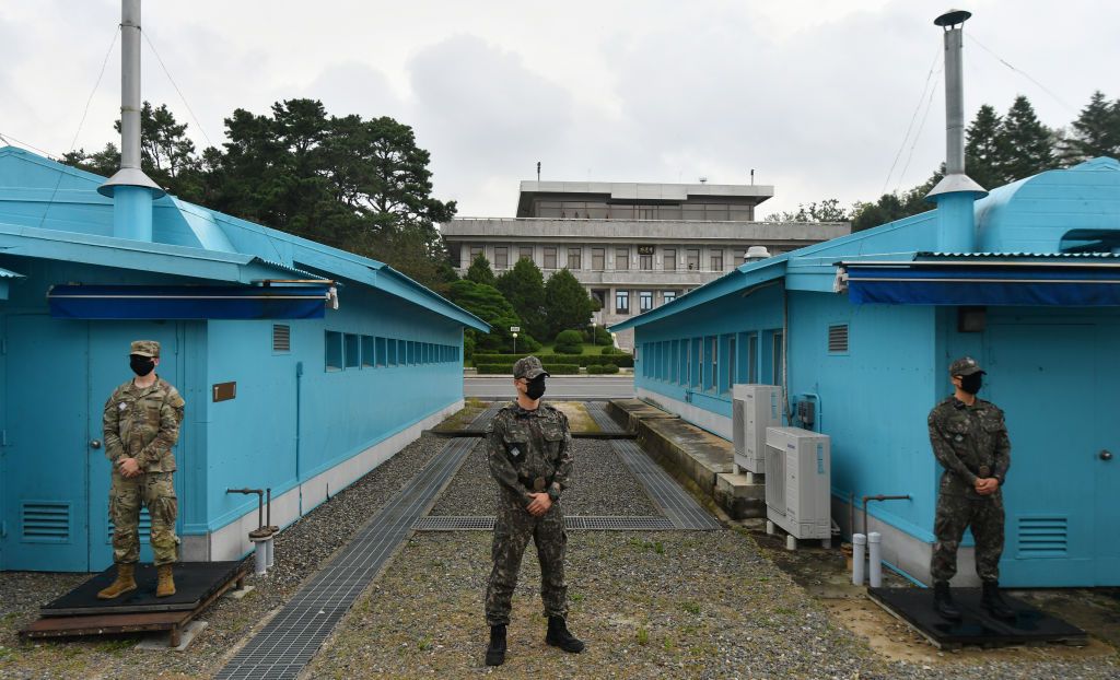 PANMUNJOM, SOUTH KOREA - SEPTEMBER 16: U.S. and South Korean army soldiers stand guard during South Korean Unification Minister Lee In-young's visit to Panmunjom between South and North Korea in the demilitarized zone (DMZ) on September 16, 2020 in Panmunjom, South Korea. Unification Minister Lee In-young visit the truce village of Panmunjom for the first time since taking office, raising expectations he could send a message to North Korea amid stalled cross-border exchanges and cooperation. (Photo by Park