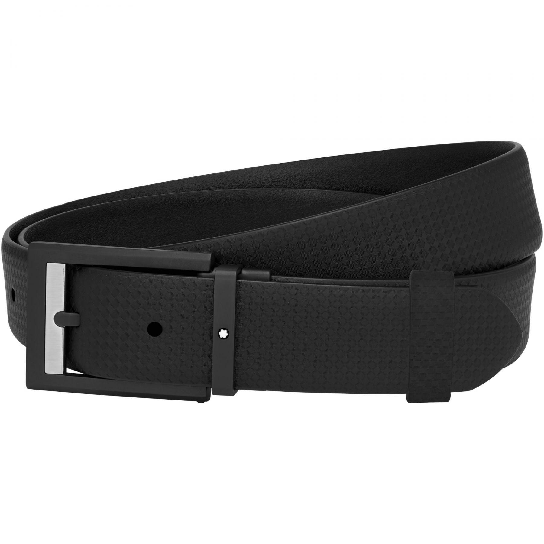 Rectangular matte black PVD with satiné detail pin buckle. Self-adjustable, 3 cm x 120 cm, black printed leather strap for an understated, urban look.
