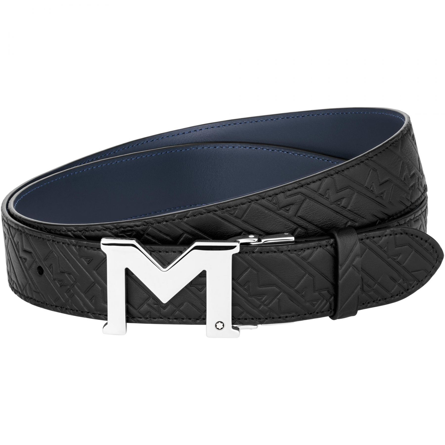 Palladium finish M buckle. Self-adjustable, 3.5 cm x 120 cm, reversible strap in black printed leather with signature M pattern on one side and blue plain leather on the other, for a sporty yet sophisticated look.