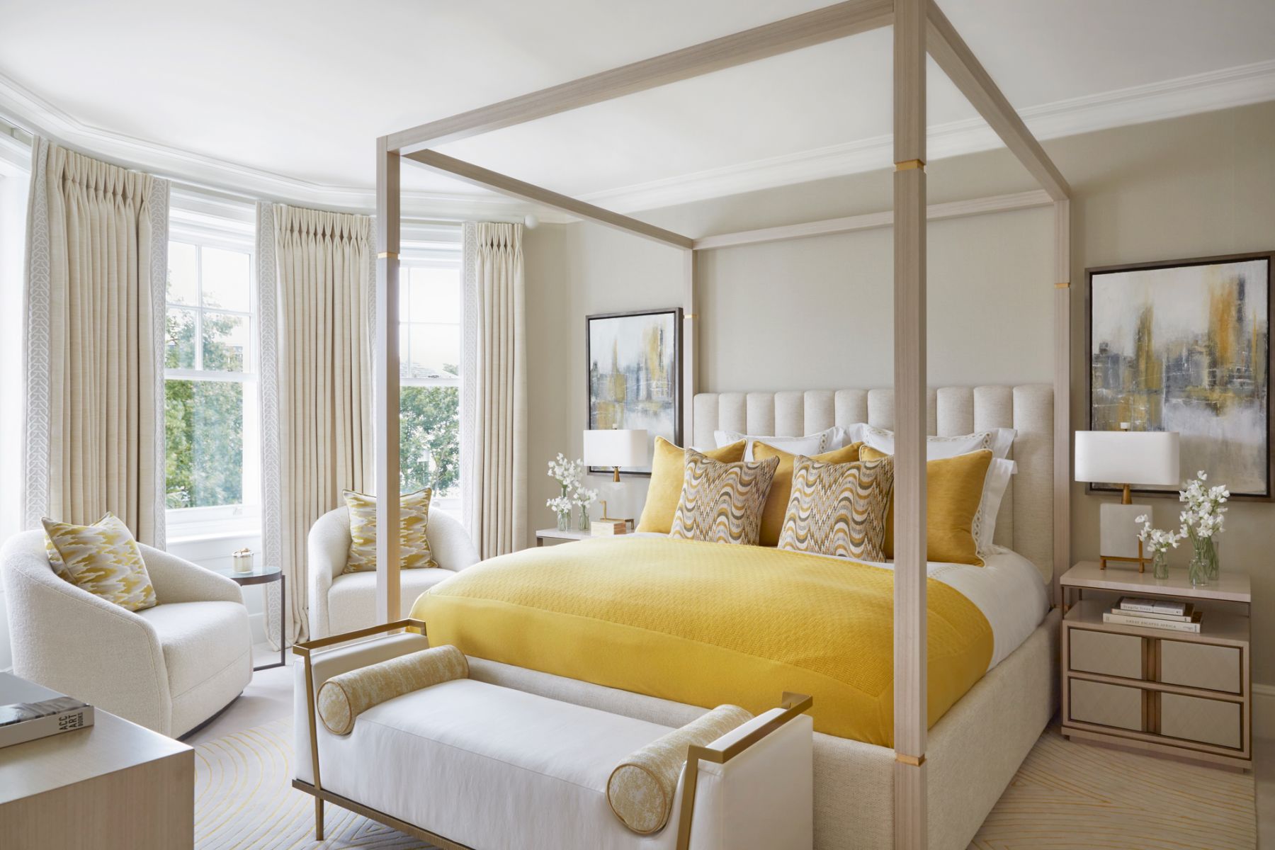 Sunny yellow accents give this guest room a fresh look