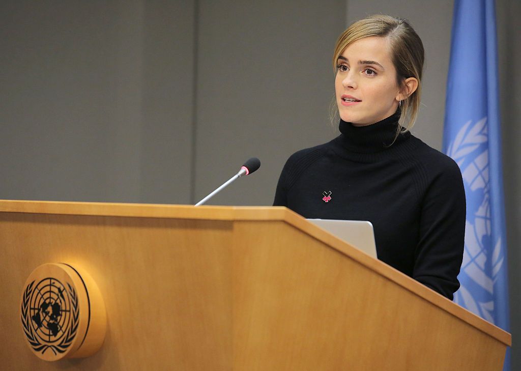 NEW YORK, NY - SEPTEMBER 20: Actress Emma Watson speaks at the launch of the HeForShe IMPACT 10x10x10 University Parity Report at The United Nations on September 20, 2016 in New York City. (Photo by J. Countess/Getty Images)