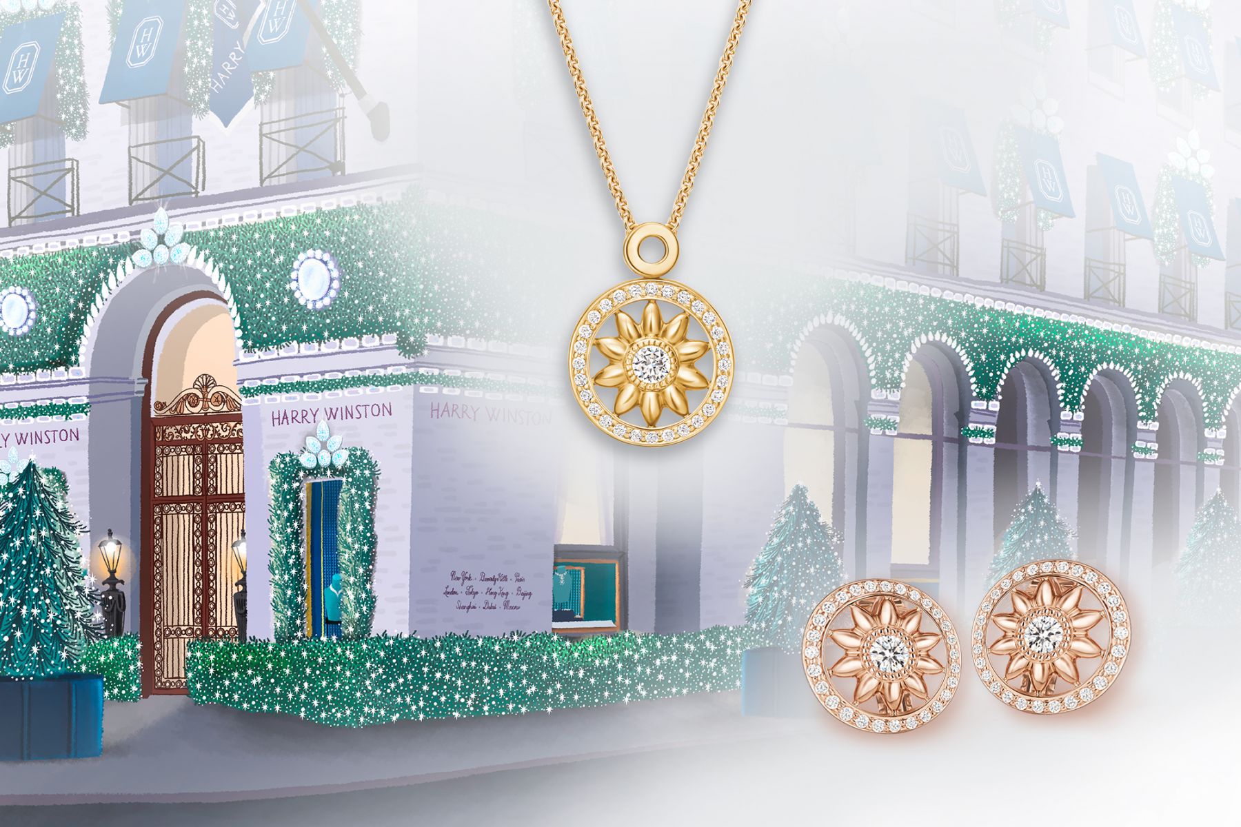 Winston Gates Yellow Gold Diamond Pendant & Rose Gold Diamond Earrings