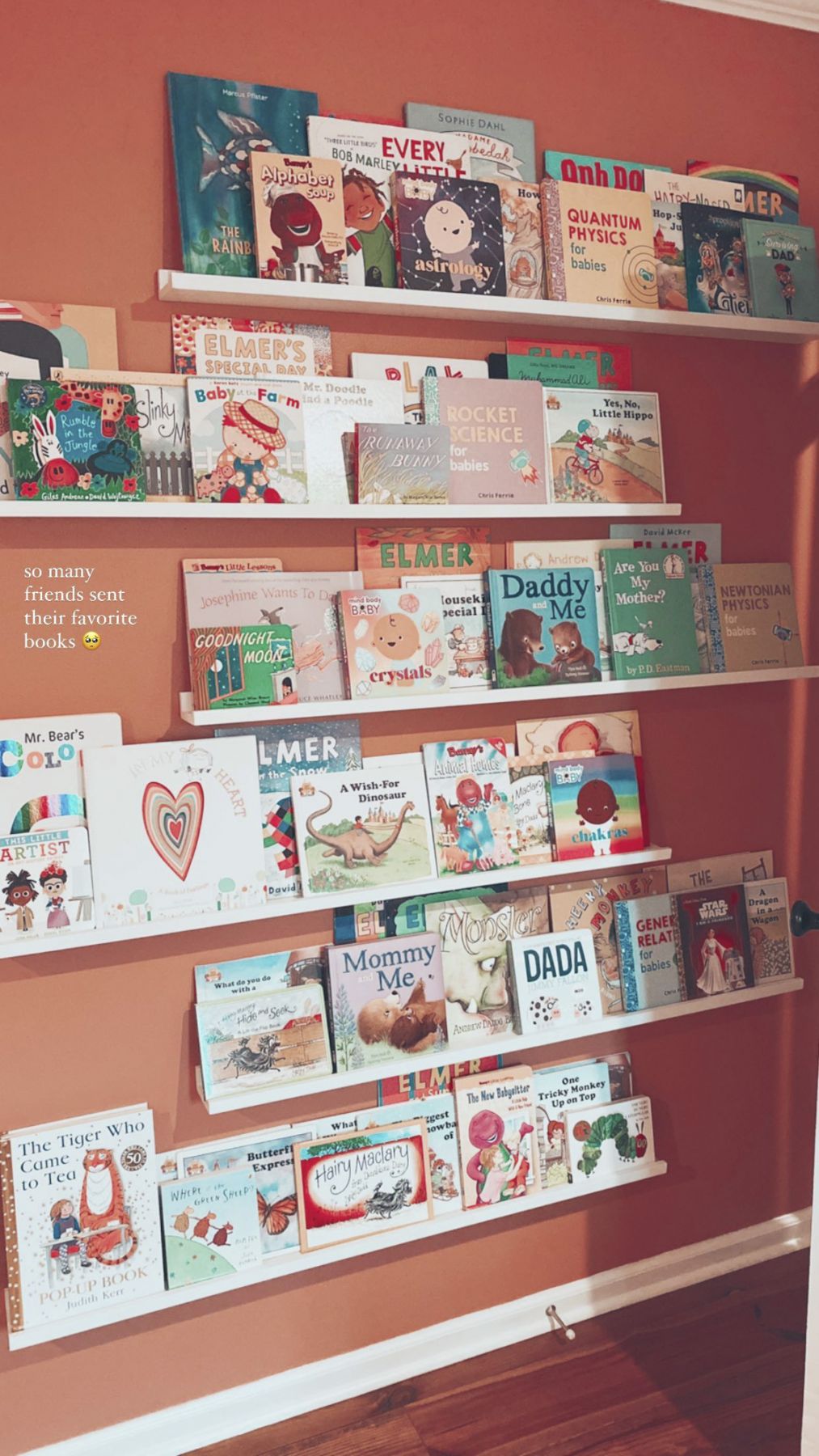 Shelves displaying different children's books line a wall (Image: Gigi Hadid/@gighadid)