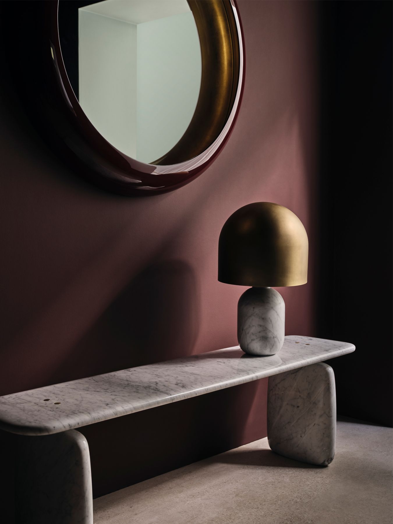 The Atlas bench by Archibong, Gold Moon mirror by Langlois-Meurinne, and Silence lamp by Zupanc