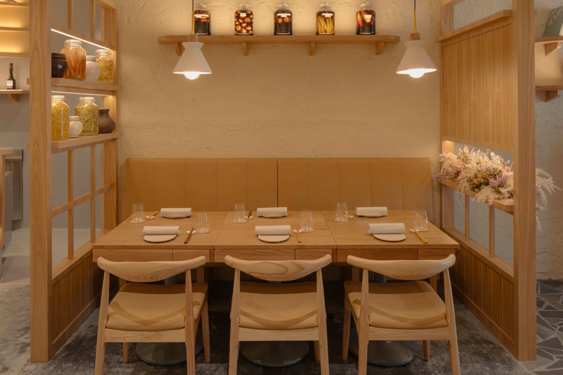 The pastel tones of the flowers complement the wood accents in the restaurant beautifully (Image: Courtesy of Khoo Guo Jie)