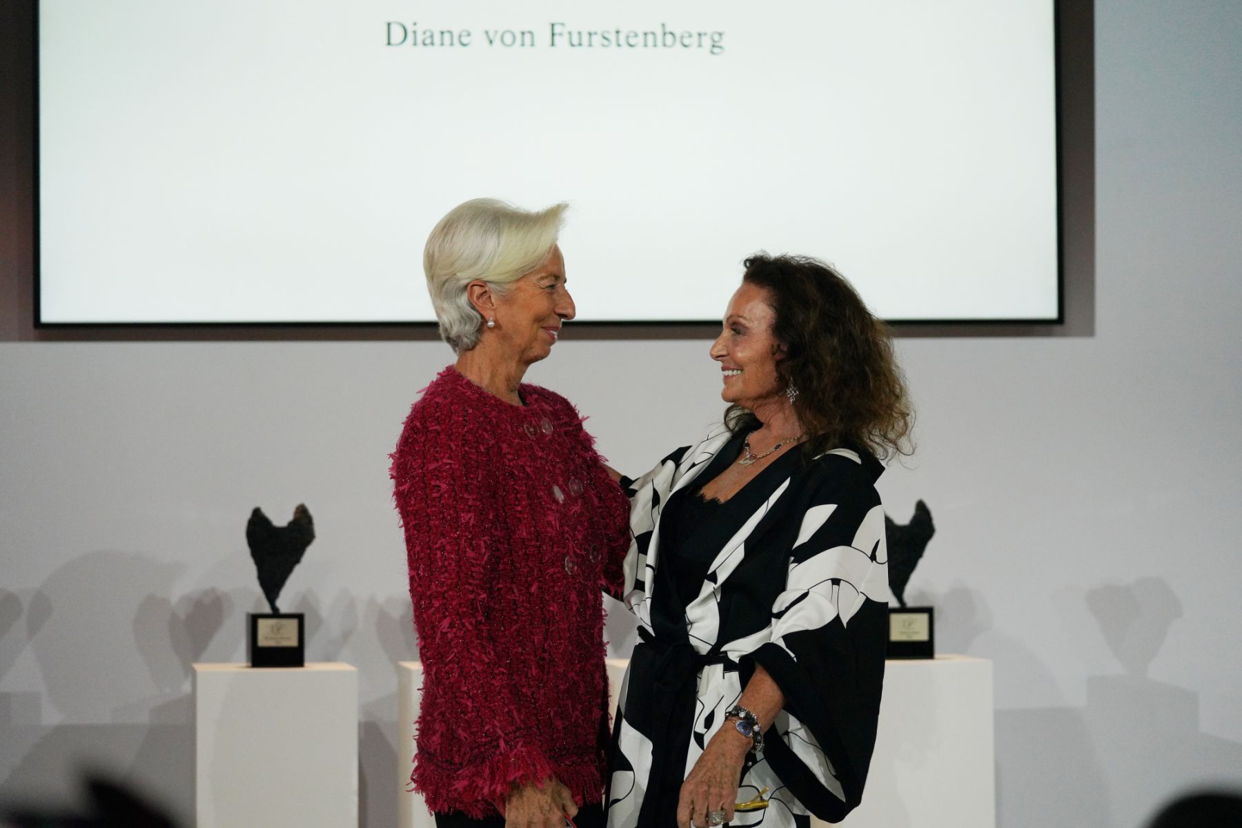 PARIS, FRANCE - NOVEMBER 17: Christine Lagarde, President of the European Central Bank and Diane Von Furstenberg on stage during the 2021 DVF Awards at Opera Garnier on November 17, 2021 in Paris, France. (Photo by Edward Berthelot/Getty Images For Diane Von Furstenberg)