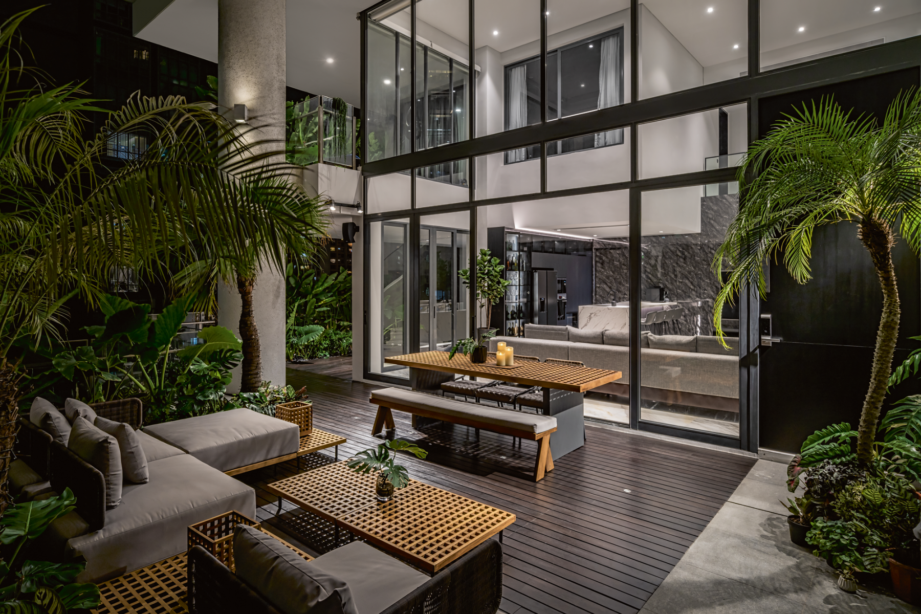 A view of the apartment’s double-volume living area from the balcony