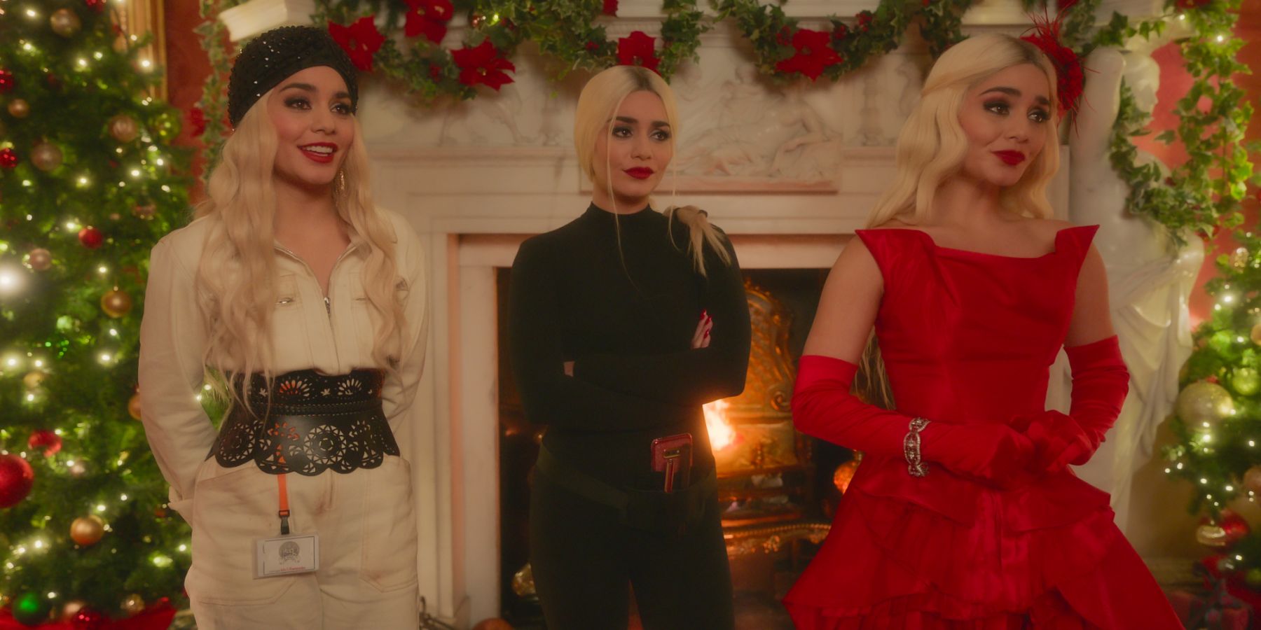 (L-R). Vanessa Hudgens as Princess Stacy, Vanessa Hudgens as Fiona, Vanessa Hudgens as Queen Margaret in 'The Princess Switch 3: Romancing the Star'. (Photo: Mark Mainz / NETFLIX)
