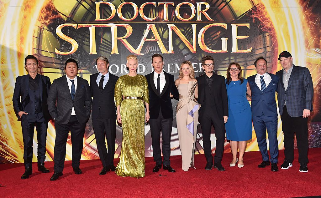 HOLLYWOOD, CA - OCTOBER 20: (L-R) Actors Benjamin Bratt, Benedict Wong, Mads Mikkelsen, Tilda Swinton, wearing Haider Ackermann, Benedict Cumberbatch, Rachel McAdams, writer/director Scott Derrickson, executive producers Victoria Alonso, Louis D'Esposito and president of Marvel Studios/producer Kevin Feige attend The Los Angeles World Premiere of Marvel Studios "Doctor Strange in Hollywood, CA on Oct. 20th, 2016. (Photo by Alberto E. Rodriguez/Getty Images for Disney)