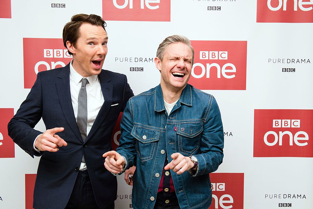 LONDON, ENGLAND - DECEMBER 19: (L-R) Benedict Cumberbatch and Martin Freeman attend a screening of the Sherlock 2016 Christmas Special at Ham Yard Hotel on December 19, 2016 in London, England. (Photo by Jeff Spicer/Getty Images)
