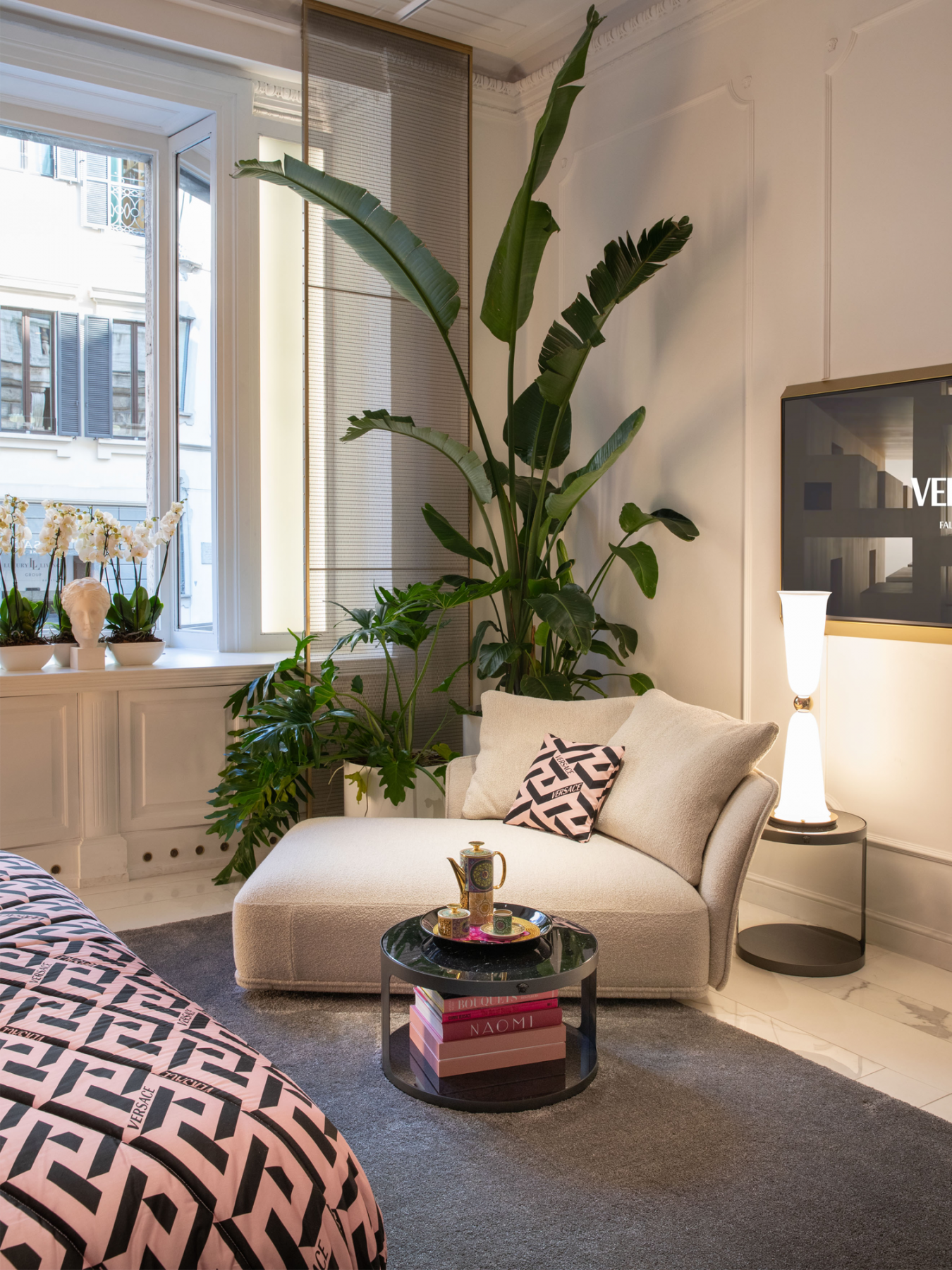 The Goddess sofa features curved lines that are designed to reference the silhouette of the fashion house's leather jackets