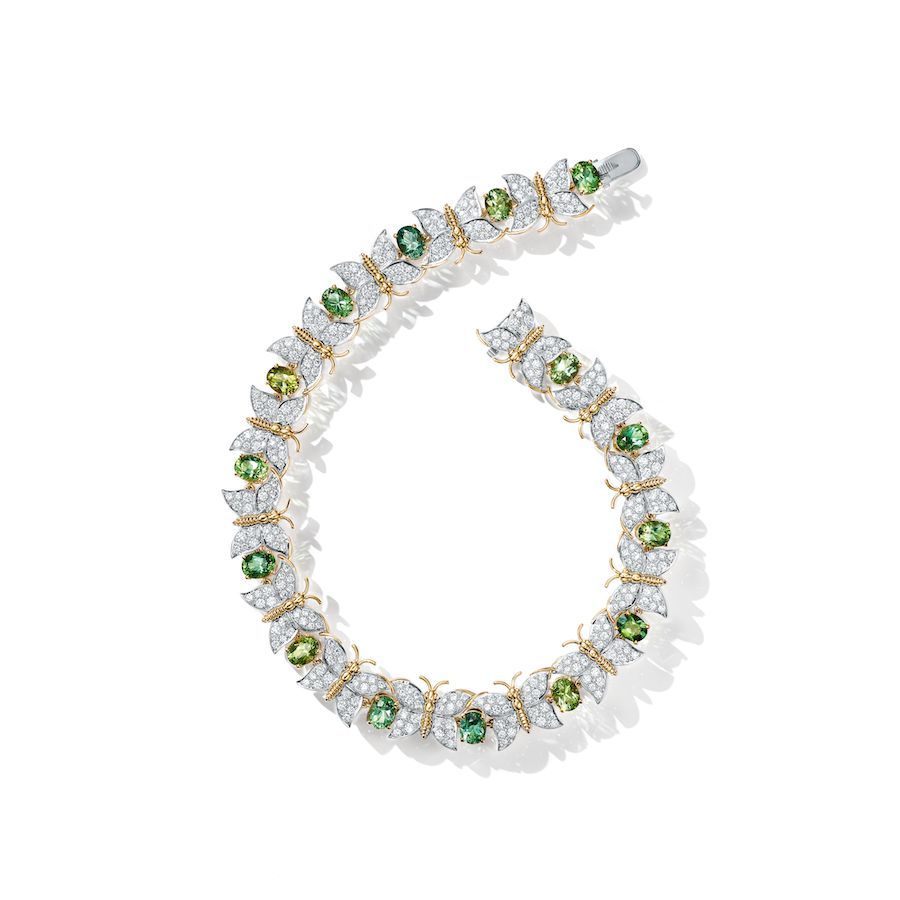 Tiffany & Co. Schlumberger Butterfly necklace in 18k yellow gold and platinum with 15 green tourmalines and round brilliant diamonds