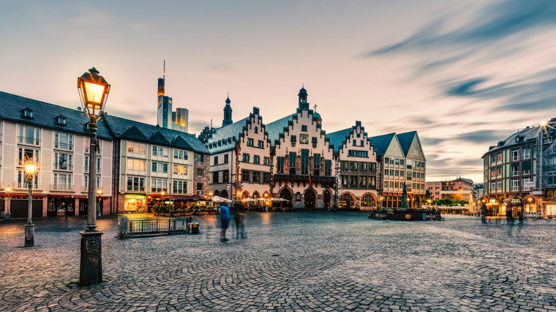 Romerberg is a historical market square in the heart of Frankfurt.The church on the right is the Alte Nikolaikirche