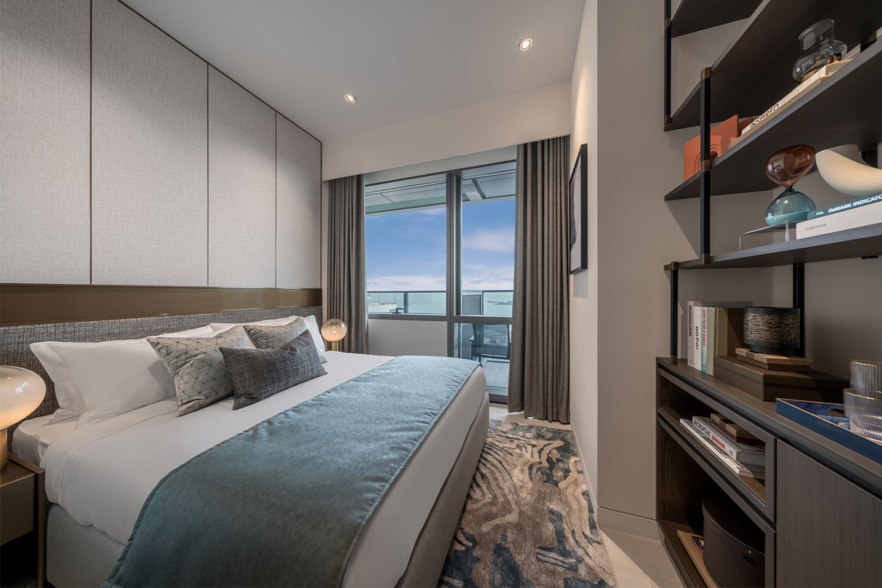 The blue upholstery adds a calming accent to this room
