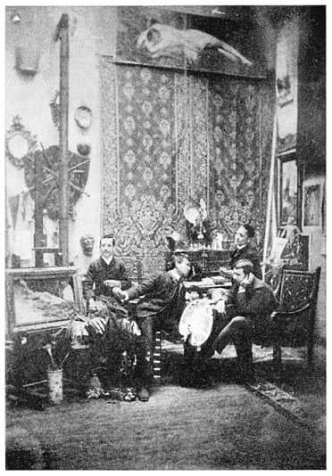 Juan Luna's studio apartment in Paris ; Jose Rizal is at the right, along with Juan Luna y Novicio (holding a palette) and Trinidad Pardo de Tavera, and an unidentified man on the left, sitting beside one of Luna's famous paintings titled Odalisque (Photo: Rizalinfo.net)