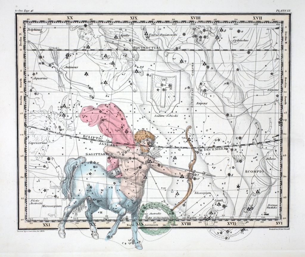 The Constellations (Plate XX) Sagittarius, from A Celestial Atlas by Alexander Jamieson, pub. London 1822 (hand coloured engraving). Ninth Sign of the Zodiac.. (Photo by Historica Graphica Collection/Heritage Images/Getty Images)
