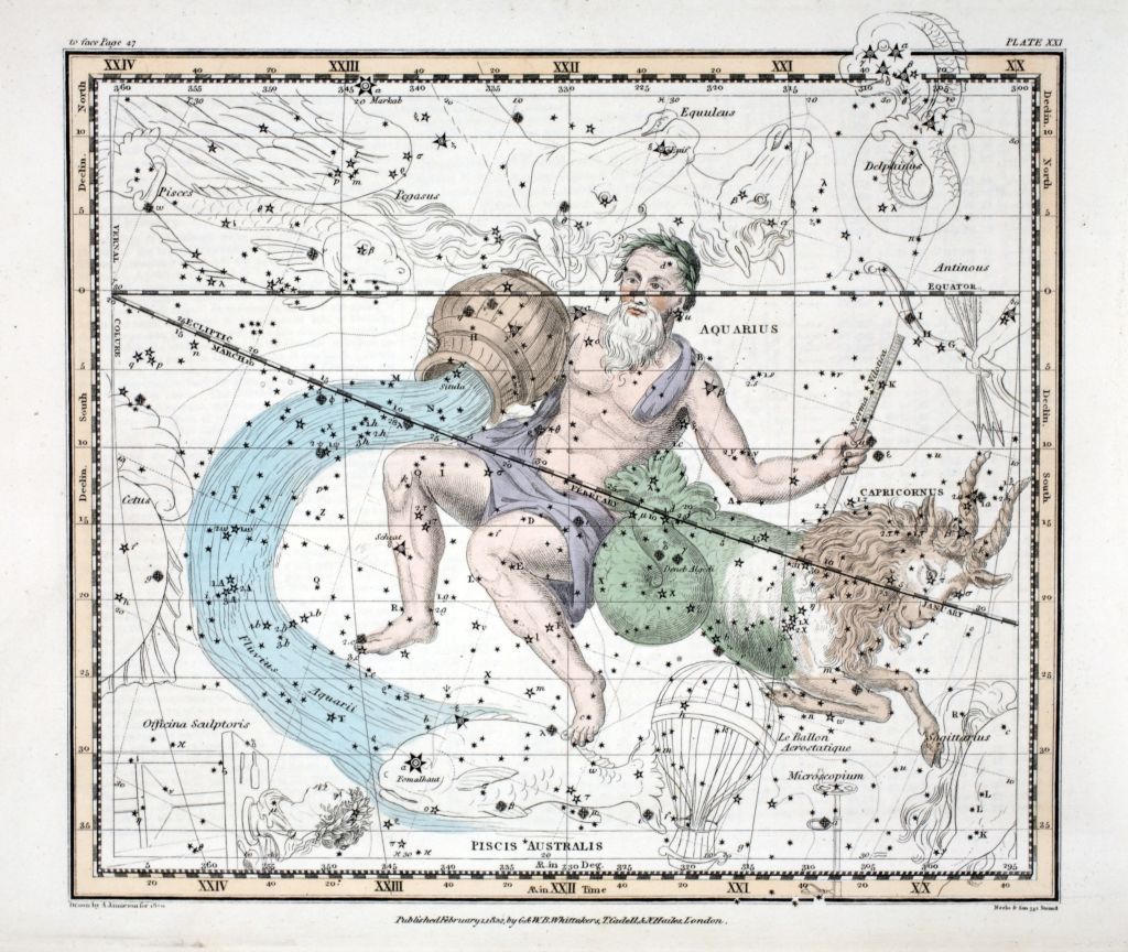The Constellations (Plate XXI) Capricorn and Aquarius, from A Celestial Atlas by Alexander Jamieson, pub. London 1822 (hand coloured engraving). Tenth and eleventh Sign of the Zodiac.. (Photo by Historica Graphica Collection/Heritage Images/Getty Images)