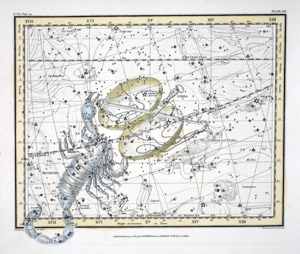 The Constellations (Plate XIX) Libra and Scorpio, from A Celestial Atlas by Alexander Jamieson, pub. London 1822 (hand coloured engraving). Seventh and eighth Sign of the Zodiac.. (Photo by Historica Graphica Collection/Heritage Images/Getty Images)