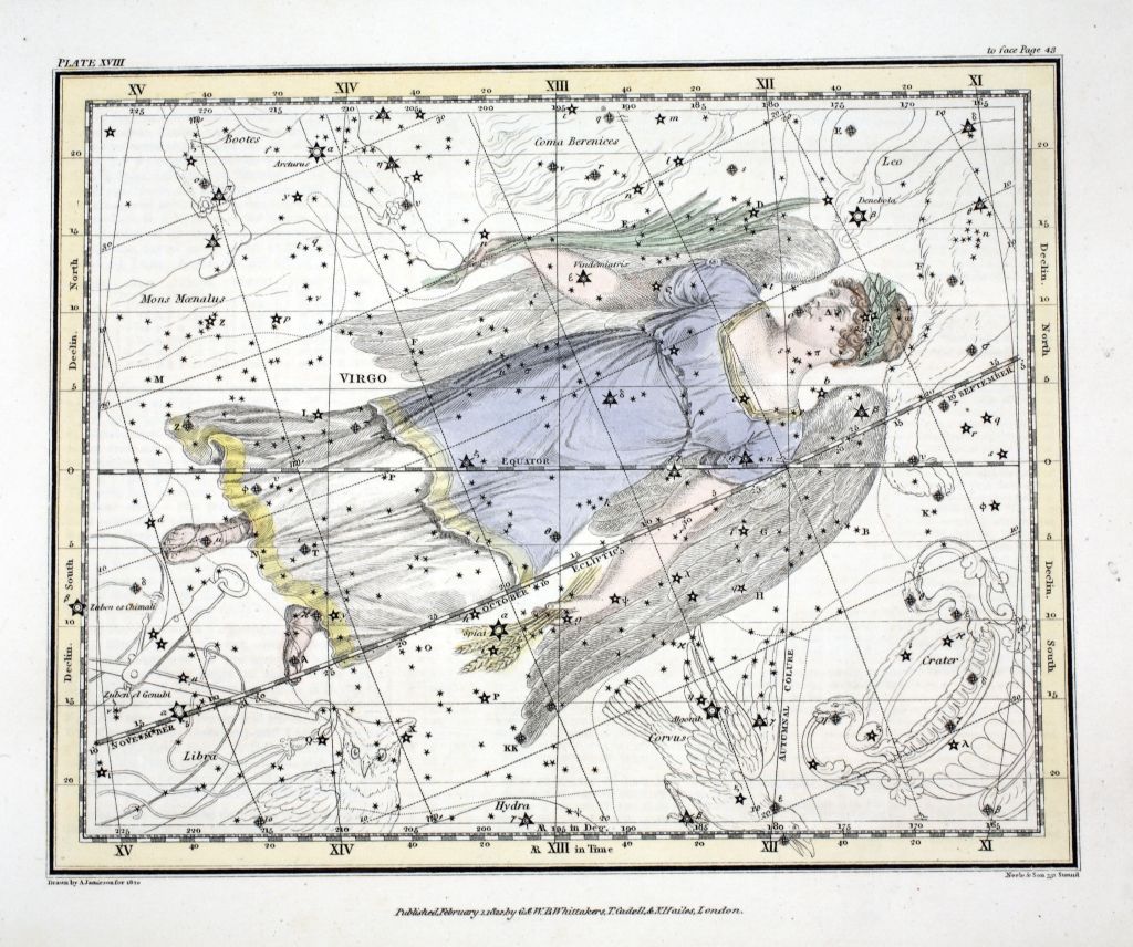 The Constellations (Plate XVIII) Virgo, from A Celestial Atlas by Alexander Jamieson, pub. London 1822 (hand coloured engraving). Sixth Sign of the Zodiac.. (Photo by Historica Graphica Collection/Heritage Images/Getty Images)