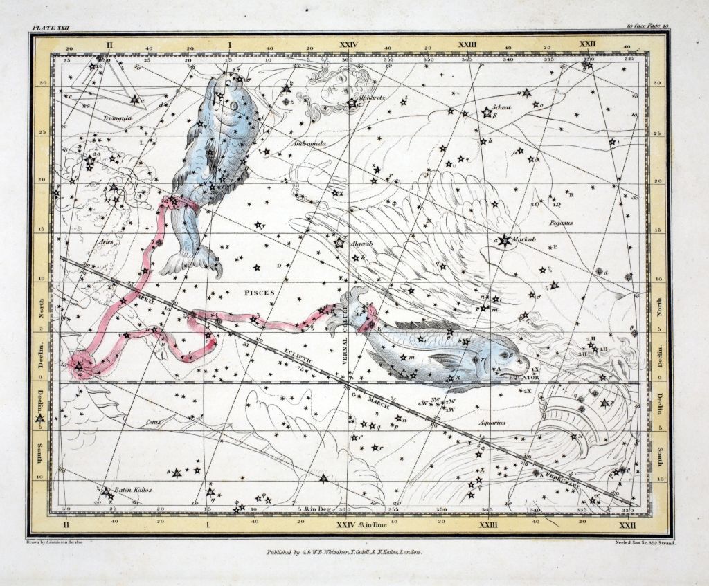 The Constellations (Plate XXII) Pisces, from A Celestial Atlas by Alexander Jamieson, pub. London 1822 (hand coloured engraving). Twelfth Sign of the Zodiac.. (Photo by Historica Graphica Collection/Heritage Images/Getty Images)