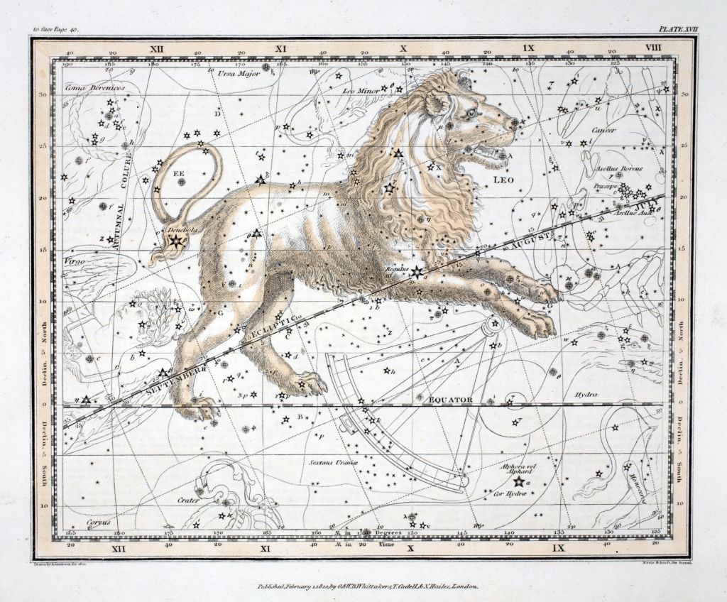 The Constellations (Plate XVII) Leo, from A Celestial Atlas by Alexander Jamieson, pub. London 1822 (hand coloured engraving). Fifth Sign of the Zodiac.. (Photo by Historica Graphica Collection/Heritage Images/Getty Images)