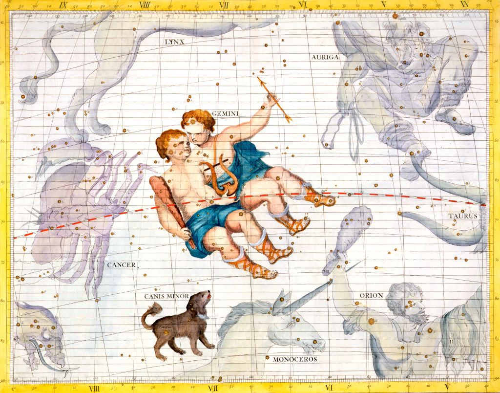 Constellations of Gemini and Canis Minor, 1729. From Atlas Coelestis, by John Flamsteed (1646-1710), the first Astronomer Royal. Artist Unknown. (Photo by Historica Graphica Collection/Heritage Images/Getty Images)
