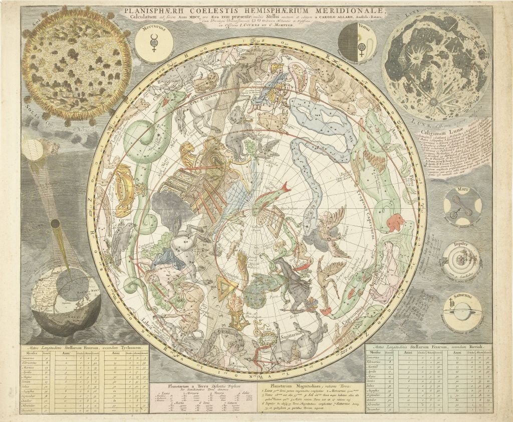 Planisphaerii Coelestis Hemisphaerium Meridionale, from Atlas Coelestis, pub. 1706 (hand coloured engraving); showing solar eclipse of May 12, 1706.. (Photo by Historica Graphica Collection/Heritage Images/Getty Images)