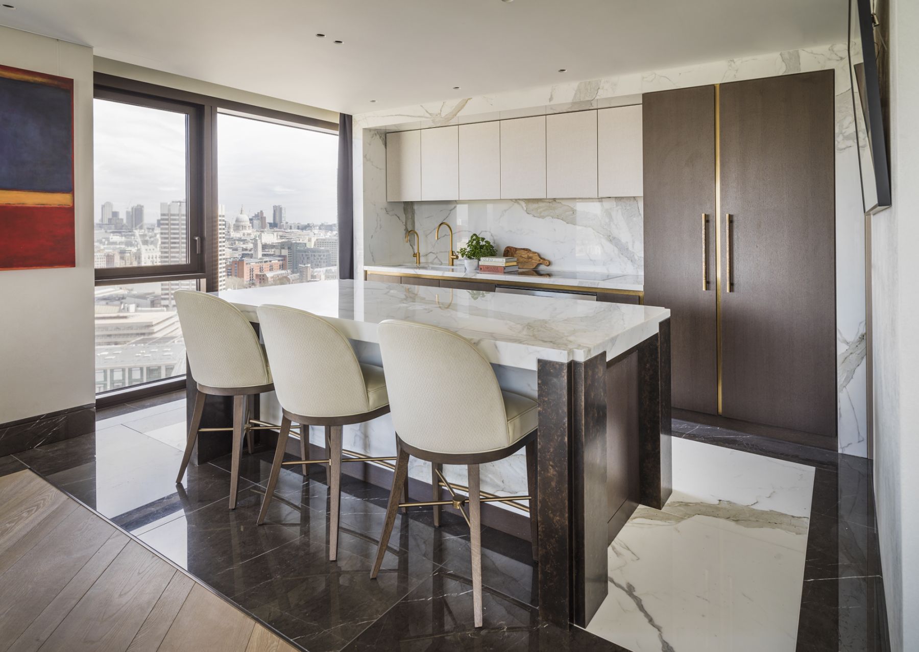 The elefant kitchen features a vibrant mix of marbles and stones