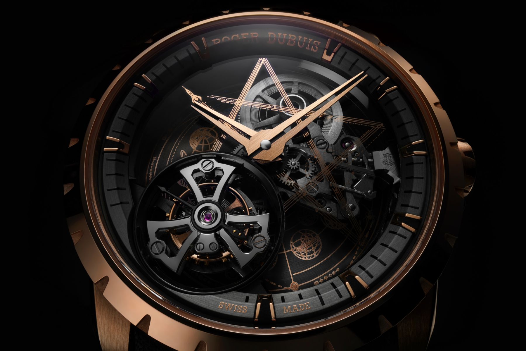 The watchface boasts a 'floating' appeal with its mechanisms, with the parts appearing suspended and apart from each other, giving rise to a skeletonised appearance