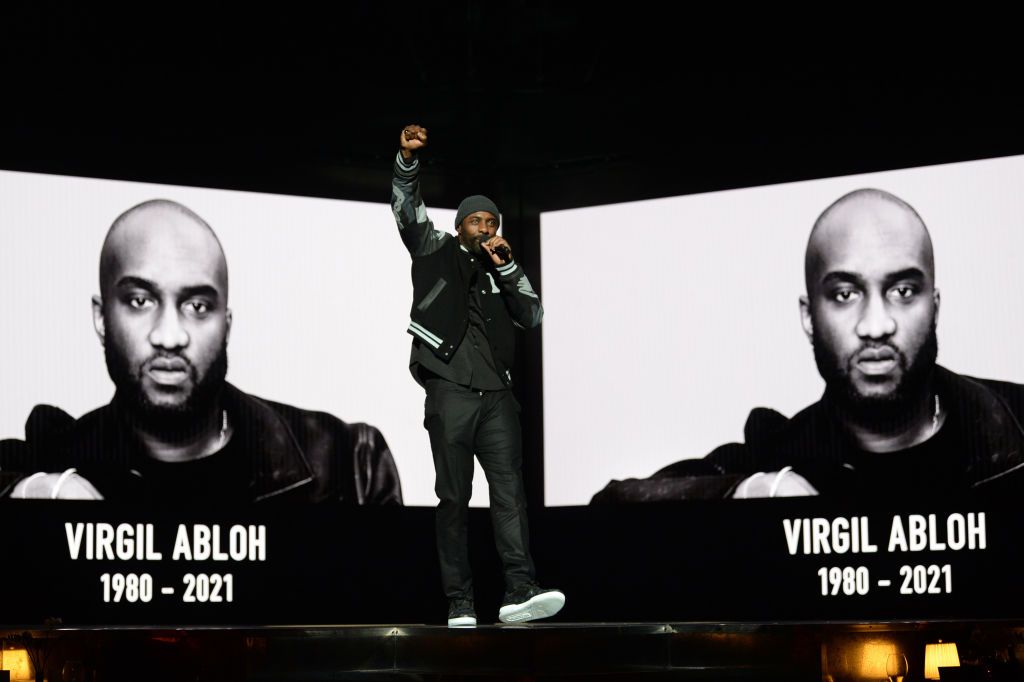 LONDON, ENGLAND - NOVEMBER 29: Idris Elba speaks during a tribute to Virgil Abloh on stage during The Fashion Awards 2021 at the Royal Albert Hall on November 29, 2021 in London, England. (Photo by Eamonn McCormack/BFC/Getty Images for BFC)