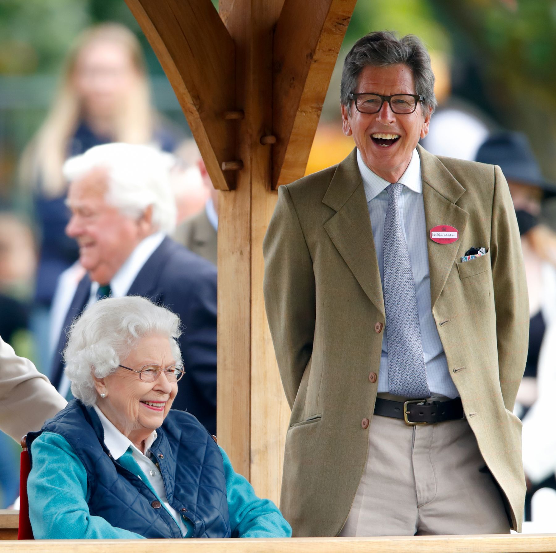 WINDSOR, UNITED KINGDOM - JULY 03: (EMBARGOED FOR PUBLICATION IN UK NEWSPAPERS UNTIL 24 HOURS AFTER CREATE DATE AND TIME) Queen Elizabeth II, accompanied by her racing manager John Warren, watches her horse 'First Receiver' compete in and win the Retired Racehorses - RoR Open In Hand Show Series Qualifier Class on day 3 of the Royal Windsor Horse Show in Home Park, Windsor Castle on July 3, 2021 in Windsor, England. (Photo by Max Mumby/Indigo/Getty Images)