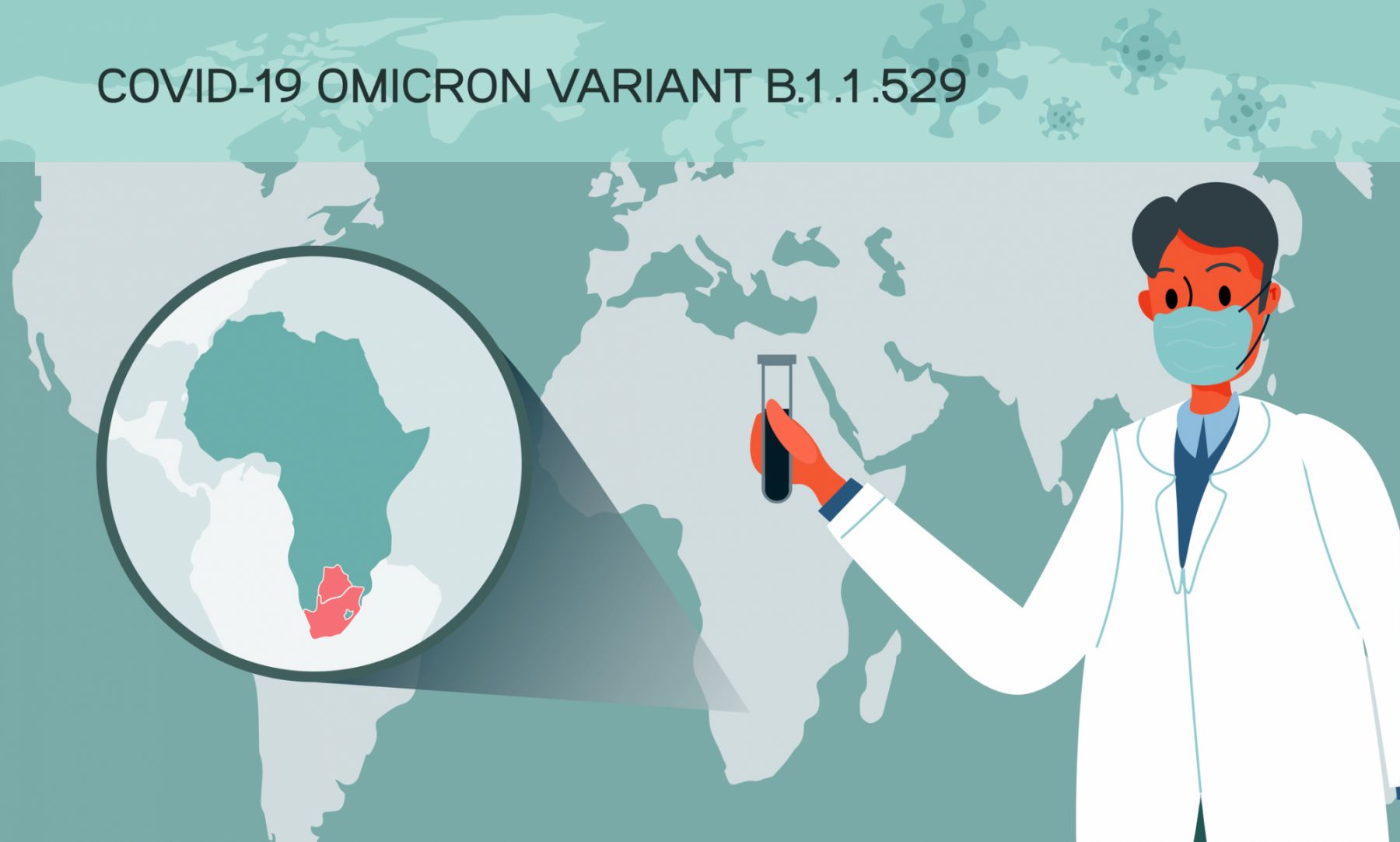 Background poster image about the new omicron coronavirus infection with a doctor holding a test tube and the location of the spread, vector image