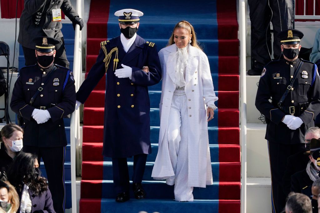 WASHINGTON, DC - JANUARY 20: Jennifer Lopez arrives to sing during the 59th inaugural ceremony on the West Front of the U.S. Capitol on January 20, 2021 in Washington, DC.  During today's inauguration ceremony Joe Biden becomes the 46th president of the United States. (Photo by Patrick Semansky-Pool/Getty Images)