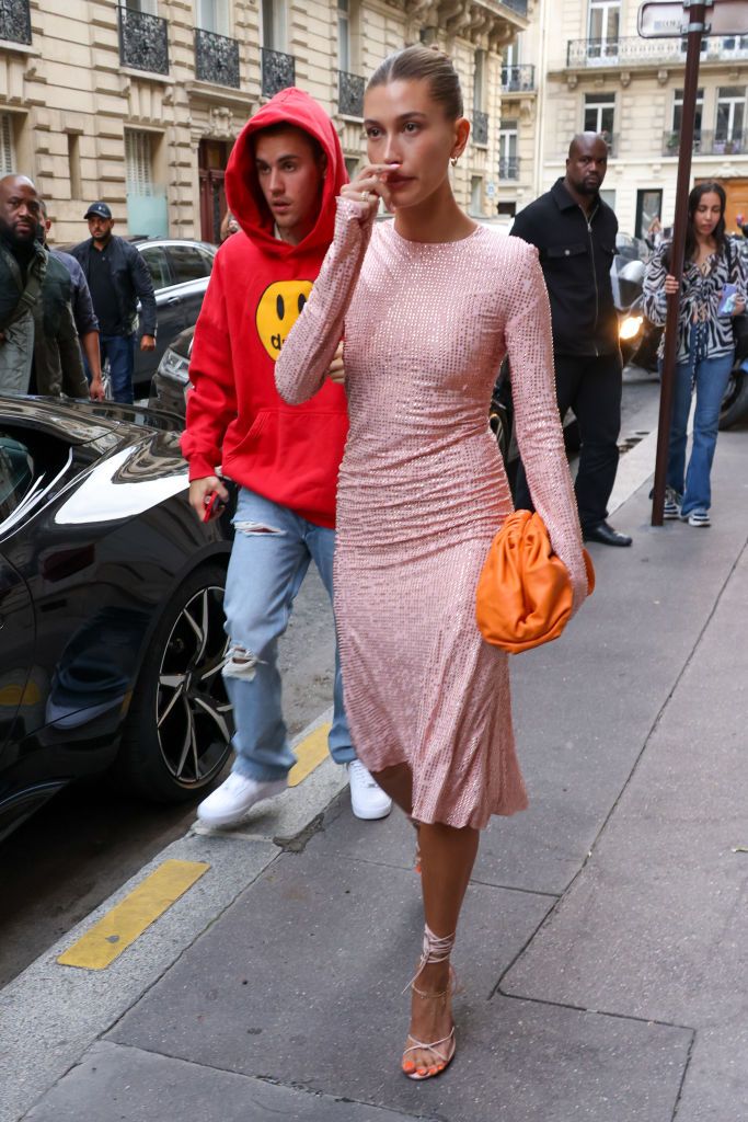 PARIS, FRANCE - JUNE 21: Justin Bieber and Hailey Baldwin Bieber arrive at a restaurant on June 21, 2021 in Paris, France. (Photo by Pierre Suu/GC Images)