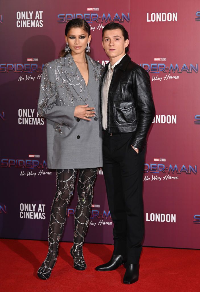 LONDON, ENGLAND - DECEMBER 05: Zendaya and Tom Holland attend a photocall for "Spiderman: No Way Home" at The Old Sessions House on December 05, 2021 in London, England. (Photo by Karwai Tang/WireImage)