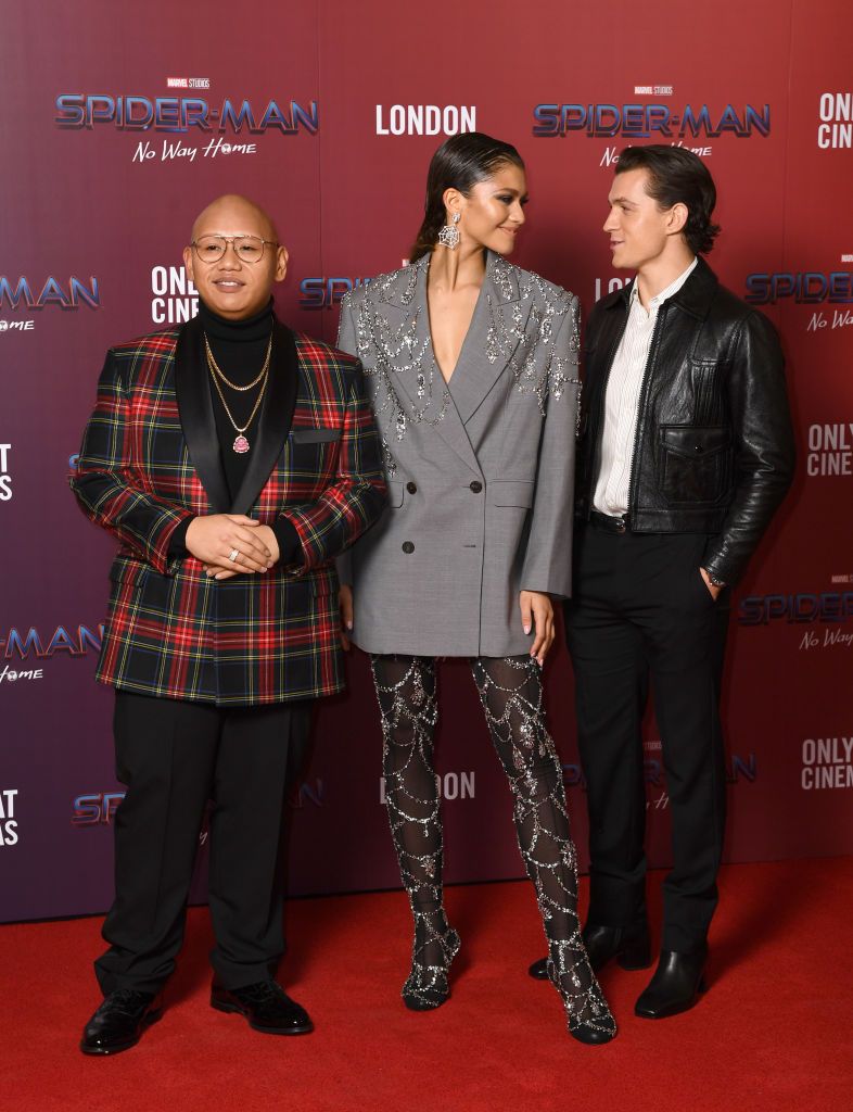 LONDON, ENGLAND - DECEMBER 05: (L-R) Jacob Batalon, Zendaya and Tom Holland attend a photocall for "Spiderman: No Way Home" at The Old Sessions House on December 05, 2021 in London, England. (Photo by Gareth Cattermole/Getty Images)